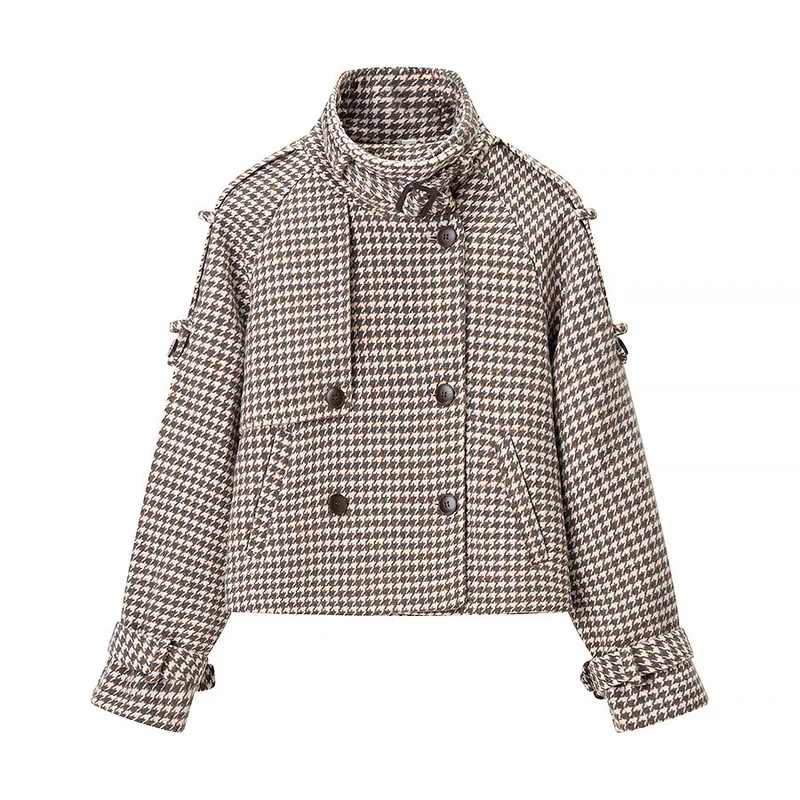Damen Kurze zweireihige Boxy‑Jacke im Hahnentritt mit hohem Stehkragen und dekorativen Schnallen Drune