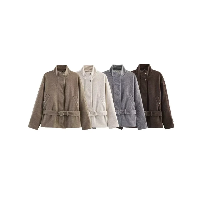 Damen Kurze Wollmix-Übergangsjacke mit Taillengürtel und Stehkragen Drune