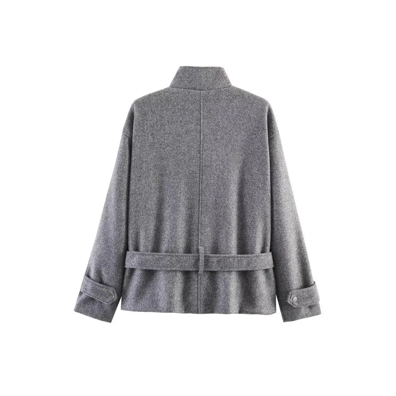 Damen Kurze Wollmix-Übergangsjacke mit Taillengürtel und Stehkragen Drune
