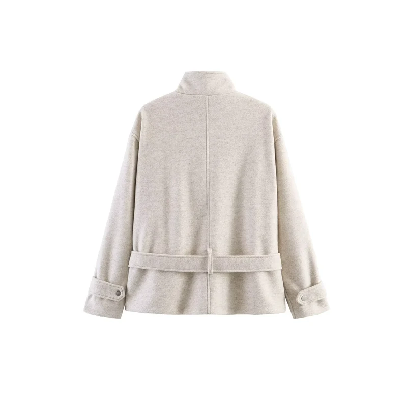 Damen Kurze Wollmix-Übergangsjacke mit Taillengürtel und Stehkragen Drune