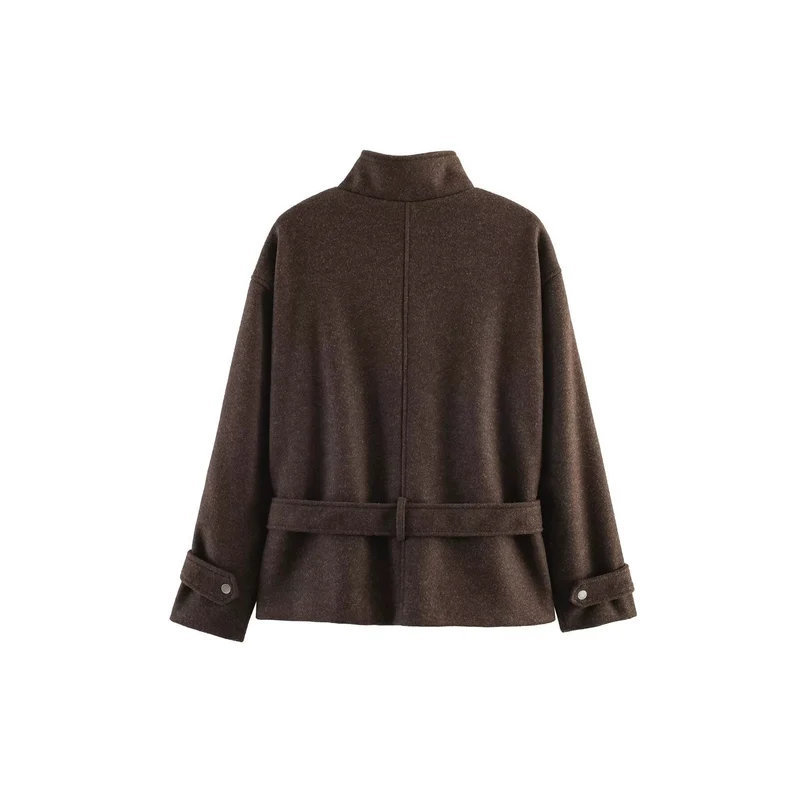 Damen Kurze Wollmix-Übergangsjacke mit Taillengürtel und Stehkragen Drune
