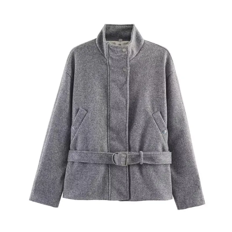 Damen Kurze Wollmix-Übergangsjacke mit Taillengürtel und Stehkragen Drune