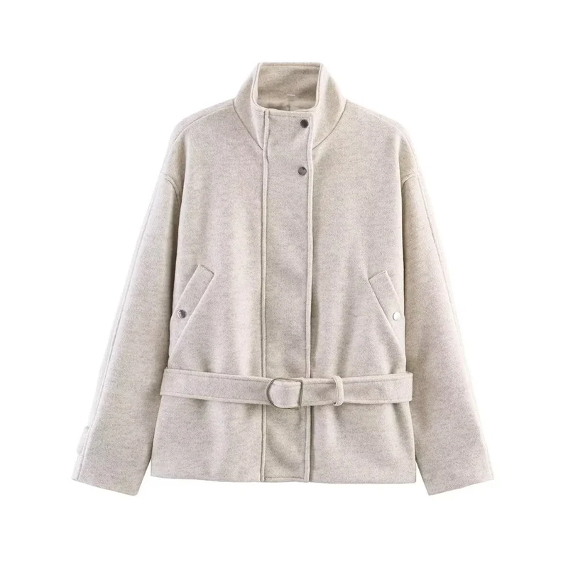 Damen Kurze Wollmix-Übergangsjacke mit Taillengürtel und Stehkragen Drune
