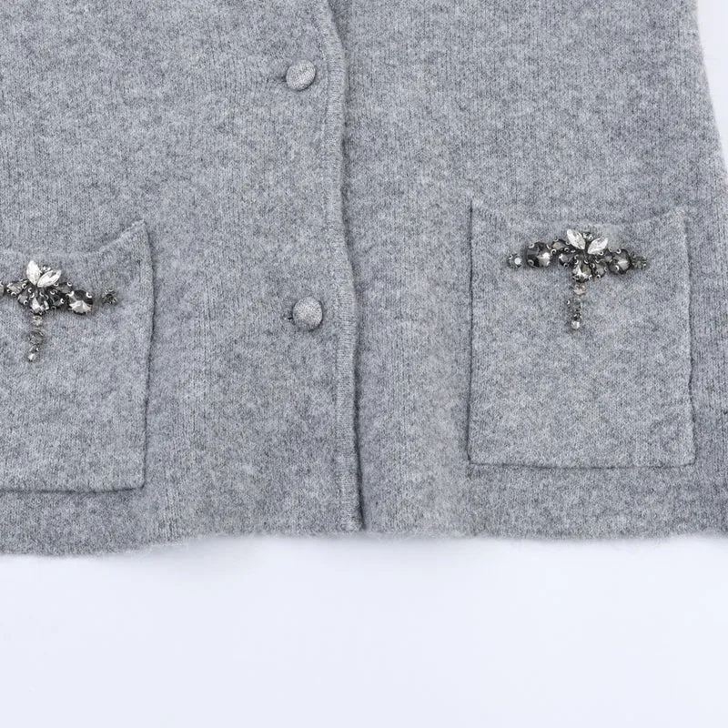Damen Kurze Wollmix-Jacke mit Schalkragen und Schmucksteinbesatz Drune