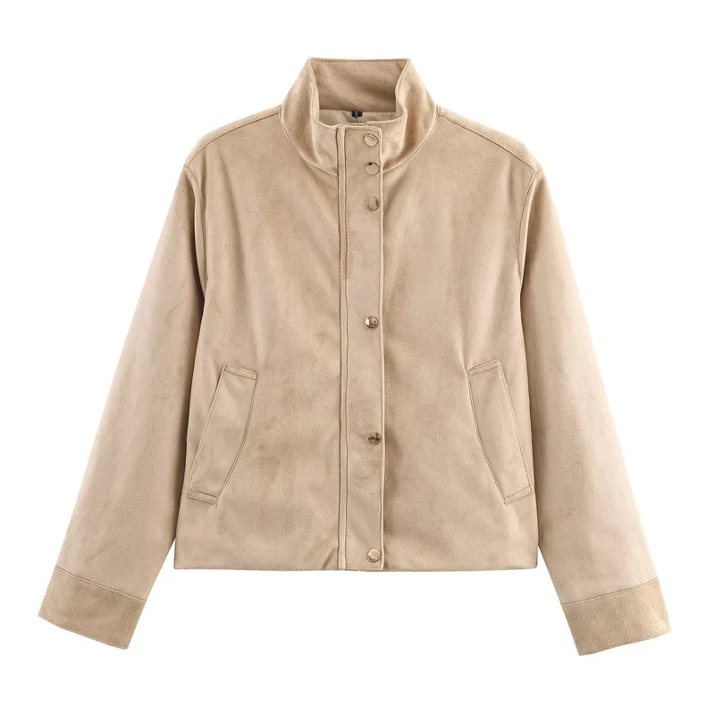 Damen Kurze Wildlederoptik-Jacke mit Stehkragen und Druckknopfleiste Drune