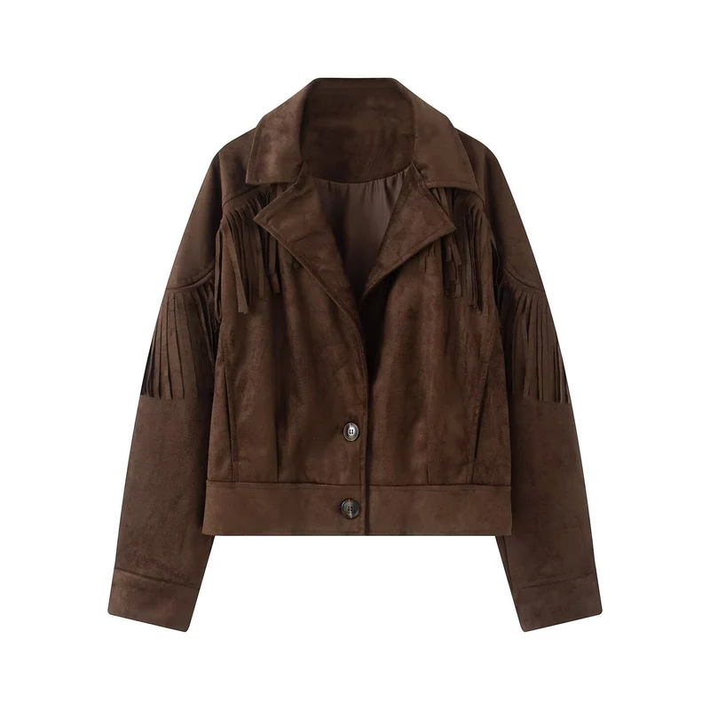 Damen Kurze Wildlederoptik-Fransenjacke im Cropped-Boxy-Schnitt Drune