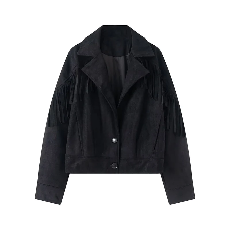 Damen Kurze Wildlederoptik-Fransenjacke im Cropped-Boxy-Schnitt Drune