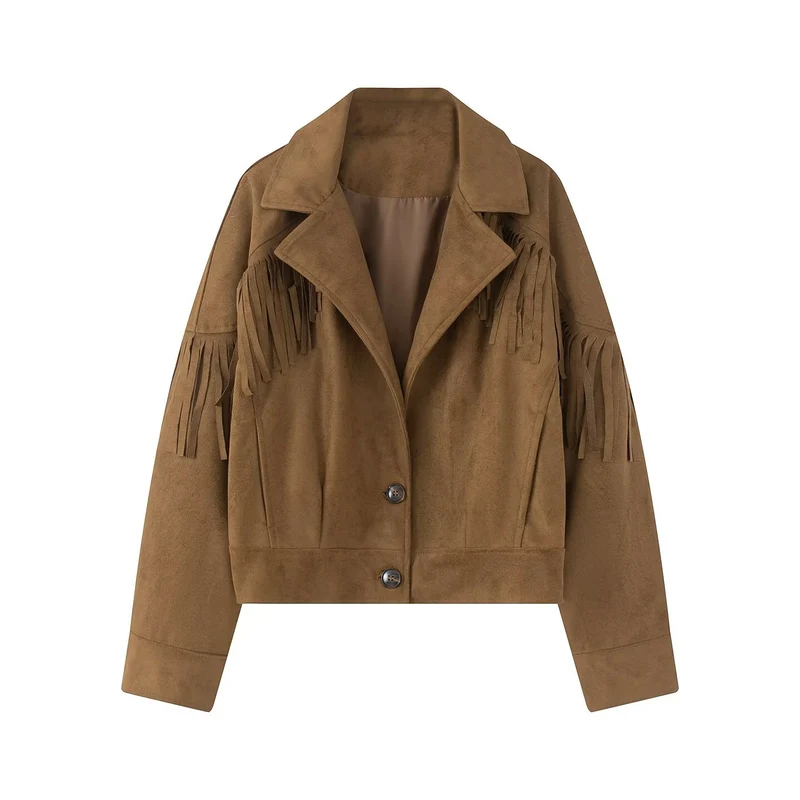 Damen Kurze Wildlederoptik-Fransenjacke im Cropped-Boxy-Schnitt Drune