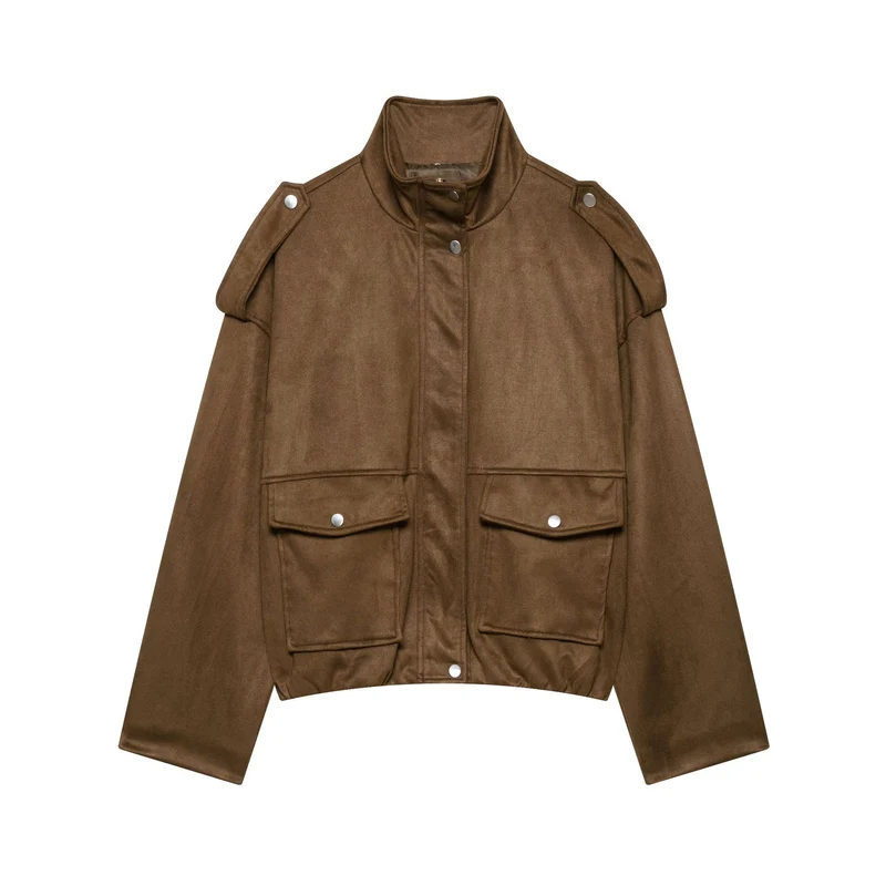 Damen Kurze Wildlederoptik-Fieldjacke mit Stehkragen, Pattentaschen und Schulterklappen Drune
