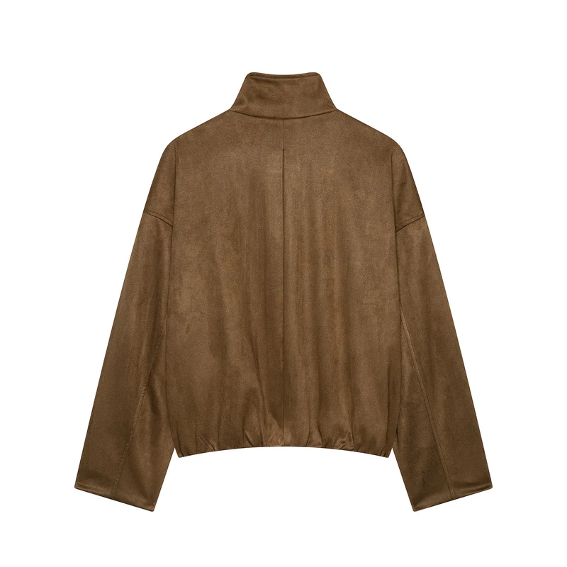 Damen Kurze Wildlederoptik-Fieldjacke mit Stehkragen, Pattentaschen und Schulterklappen Drune