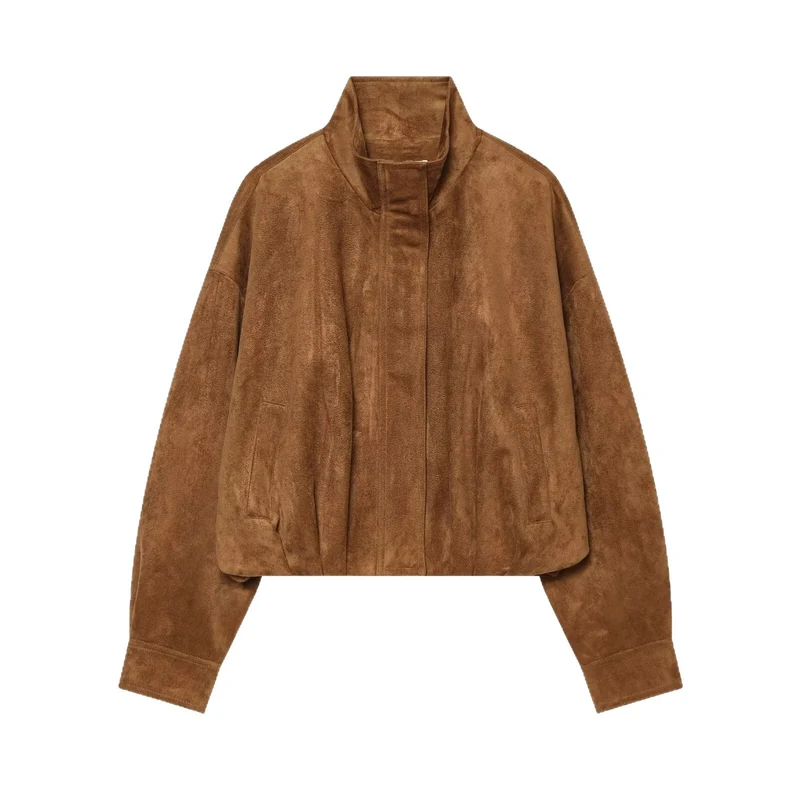 Damen Kurze Velours‑Suede‑Bomberjacke mit Stehkragen und verdeckter Knopfleiste Drune
