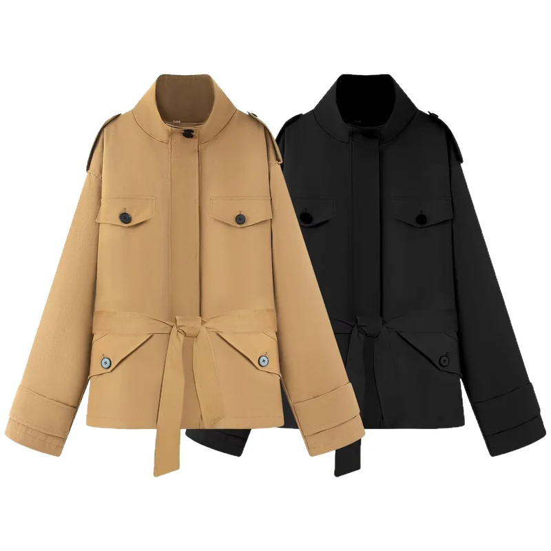 Damen Kurze Utility-Jacke mit Taillengürtel und Schulterklappen Drune