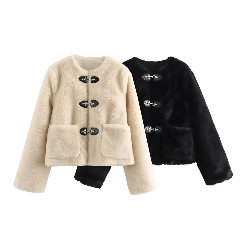 Damen Kurze Teddyjacke mit Knebelverschluss und aufgesetzten Taschen Drune