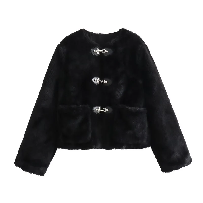 Damen Kurze Teddyjacke mit Knebelverschluss und aufgesetzten Taschen Drune