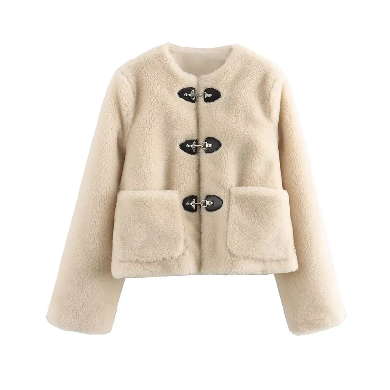 Damen Kurze Teddyjacke mit Knebelverschluss und aufgesetzten Taschen Drune