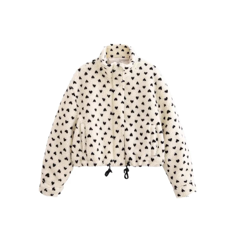 Damen Kurze Teddyjacke aus Sherpa‑Fleece mit Herzchenprint und Tunnelzug Drune