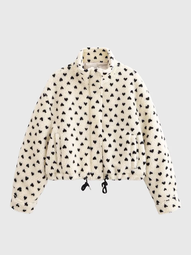 Damen Kurze Teddyjacke aus Sherpa‑Fleece mit Herzchenprint und Tunnelzug Drune