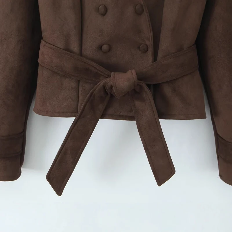 Damen Kurze Taillierte Velours‑Suede‑Jacke mit Bindegürtel und Reverskragen Drune