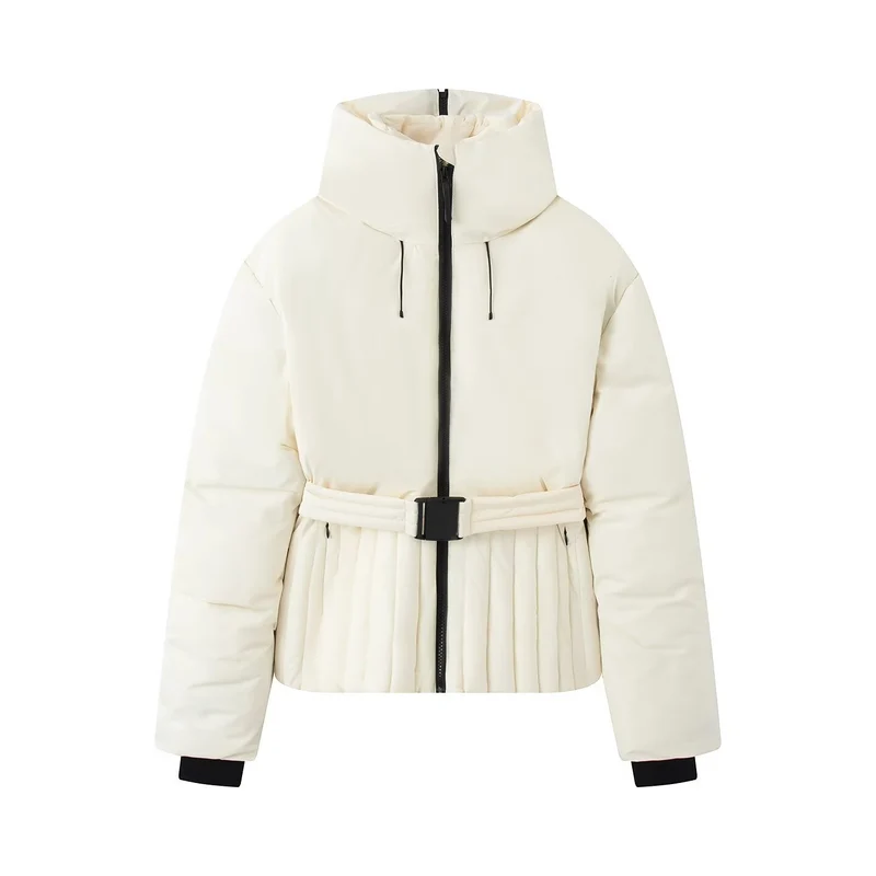 Damen Kurze taillierte Steppjacke mit hohem Stehkragen und Gürtel Drune