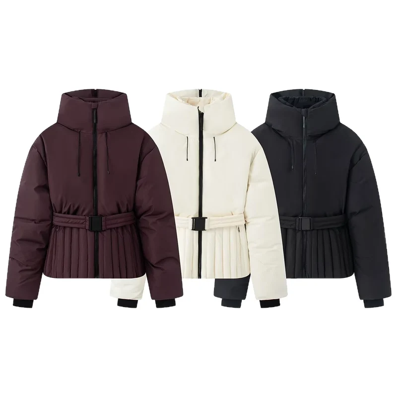 Damen Kurze taillierte Steppjacke mit hohem Stehkragen und Gürtel Drune