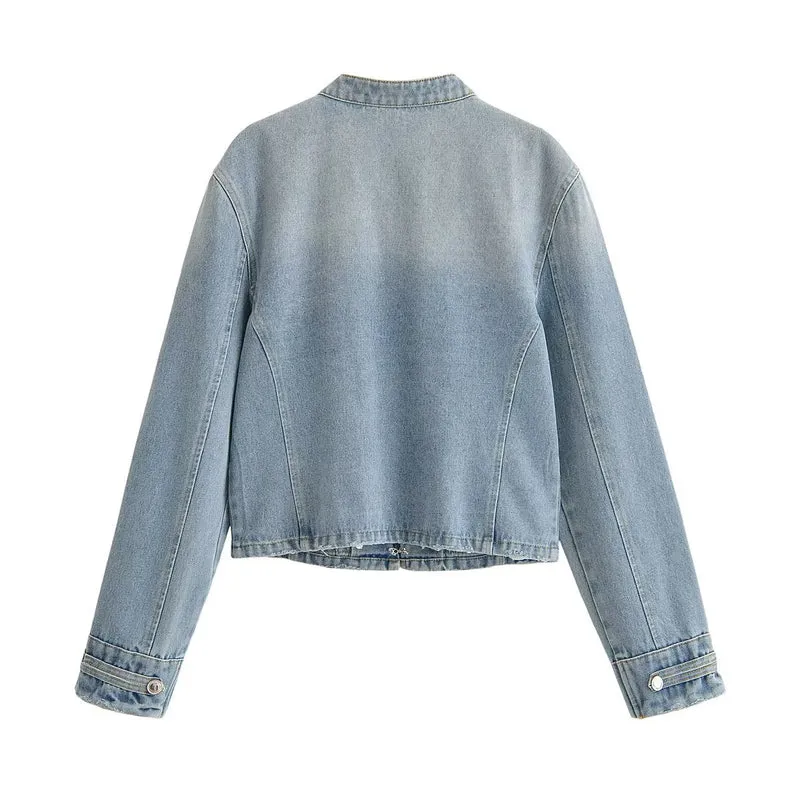 Damen Kurze taillierte Jeansjacke im Militärlook mit doppelten Zierknopfreihen Drune