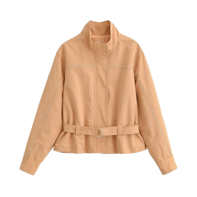 Damen Kurze taillierte Jacke mit Nietenbesatz und Bindegürtel Drune