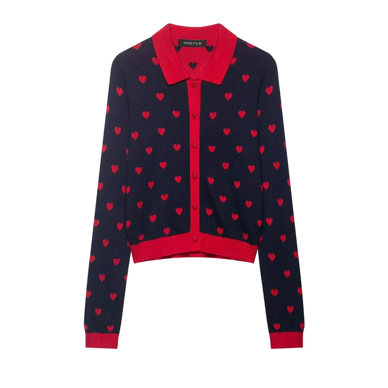 Damen Kurze Strickjacke im Cardigan‑Stil mit Herz‑Jacquard und Reverskragen Drune
