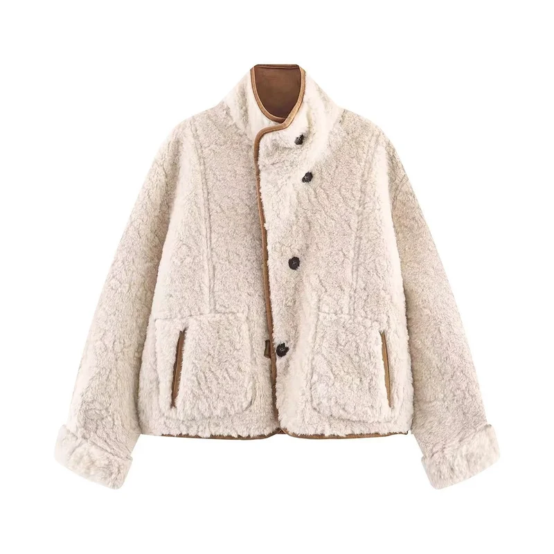 Damen Kurze Schaffelloptik-Jacke mit Stehkragen und großen aufgesetzten Taschen Drune