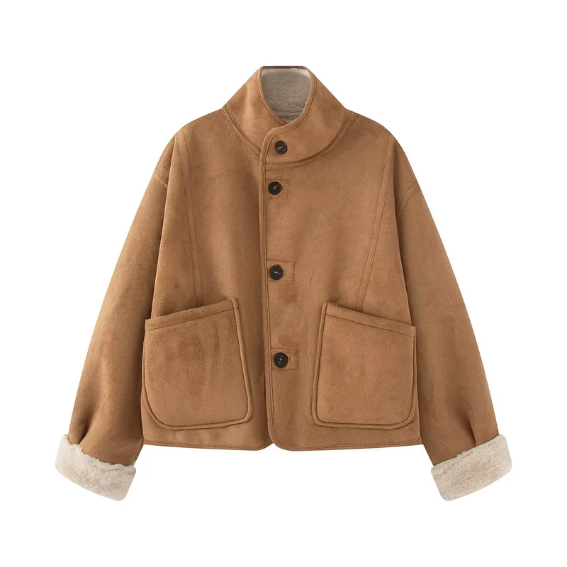 Damen Kurze Schaffelloptik-Jacke mit Stehkragen und großen aufgesetzten Taschen Drune