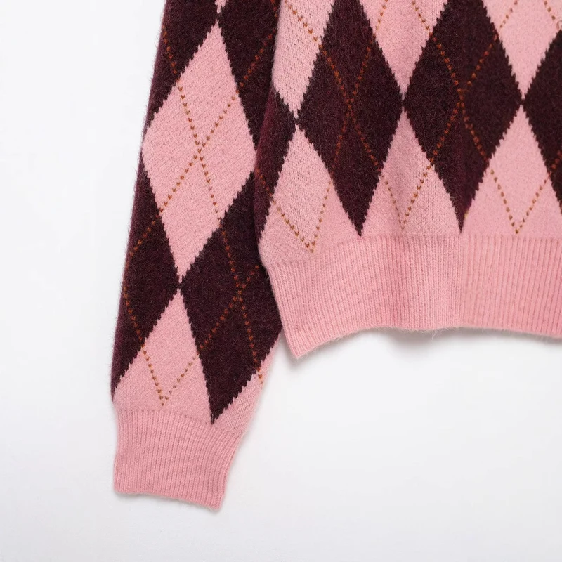 Damen Kurze Rauten‑Argyle‑Strickjacke mit Rundhals und stoffbezogenen Knöpfen Drune