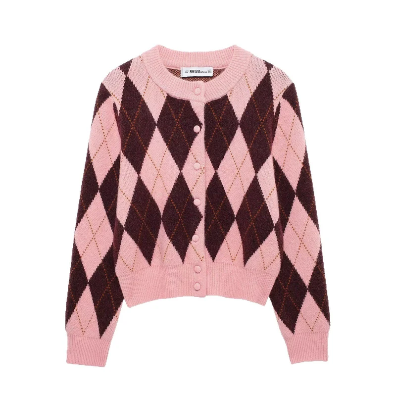 Damen Kurze Rauten‑Argyle‑Strickjacke mit Rundhals und stoffbezogenen Knöpfen Drune