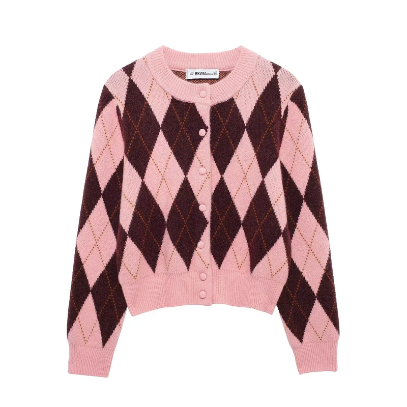 Damen Kurze Rauten‑Argyle‑Strickjacke mit Rundhals und stoffbezogenen Knöpfen Drune