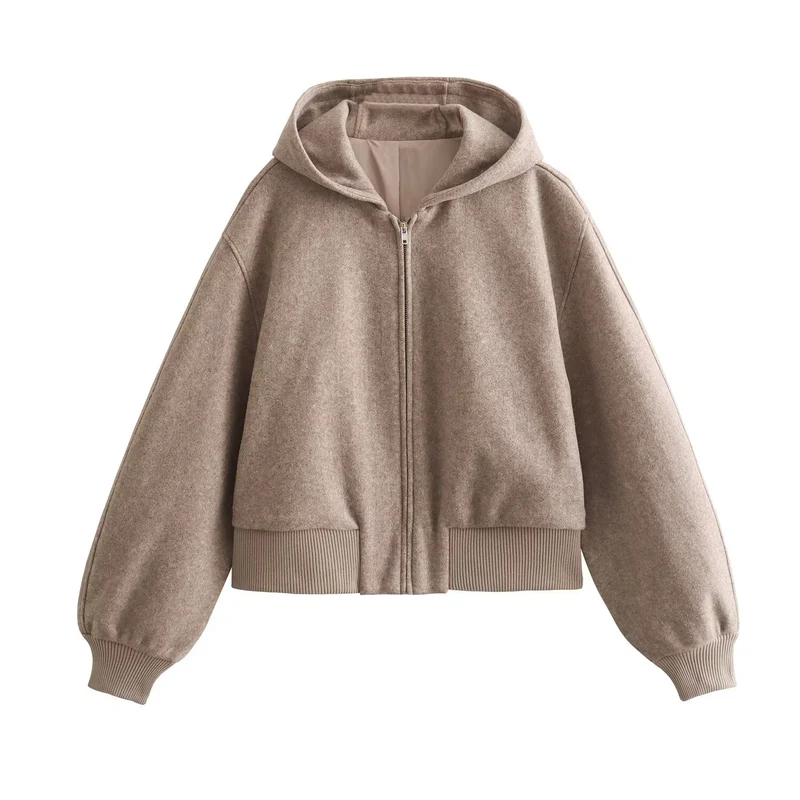 Damen Kurze Oversized Wollmix-Kapuzenjacke mit Ballonärmeln und Rippbündchen Drune