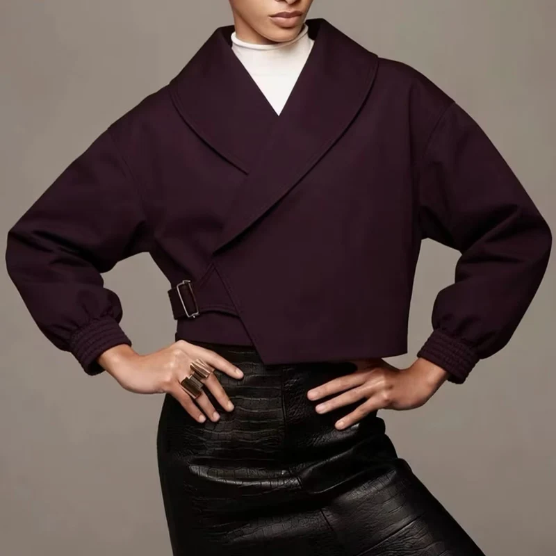 Damen Kurze Oversized Jacke mit breitem Schalkragen, Ballonärmeln und Taillenriegel Drune