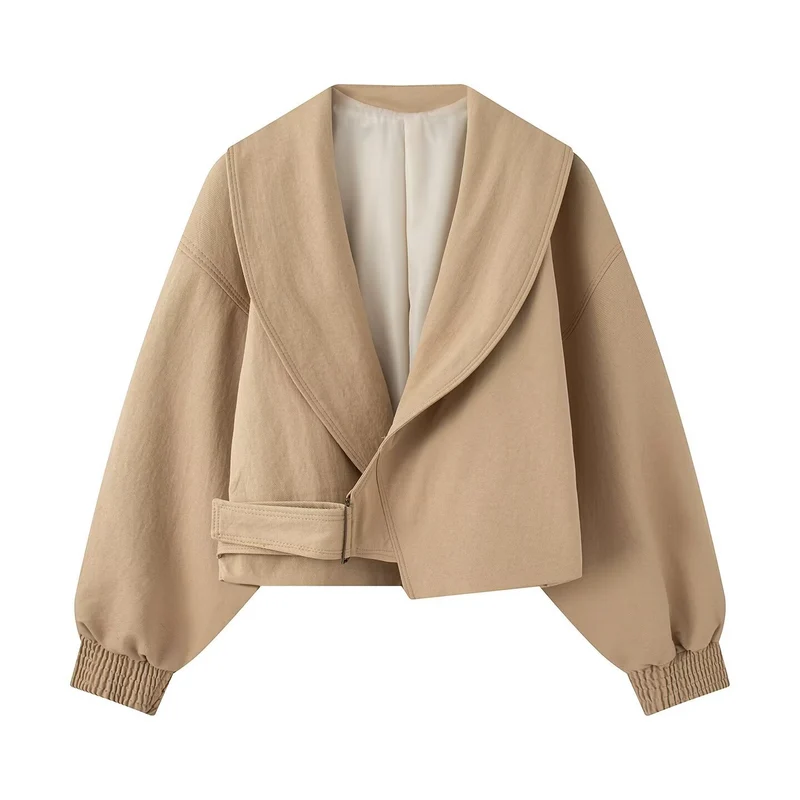 Damen Kurze Oversized Jacke mit breitem Schalkragen, Ballonärmeln und Taillenriegel Drune