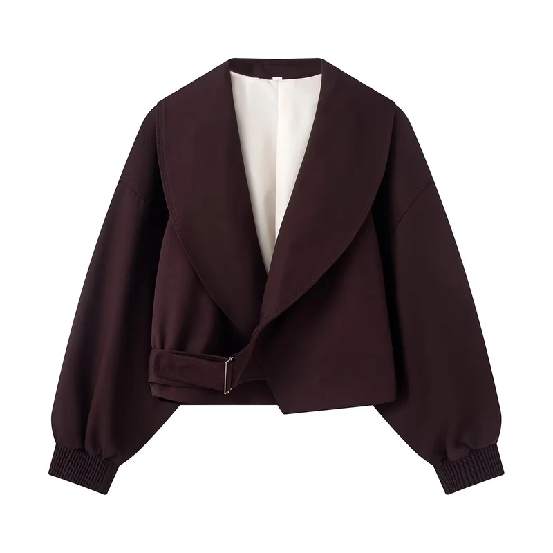 Damen Kurze Oversized Jacke mit breitem Schalkragen, Ballonärmeln und Taillenriegel Drune