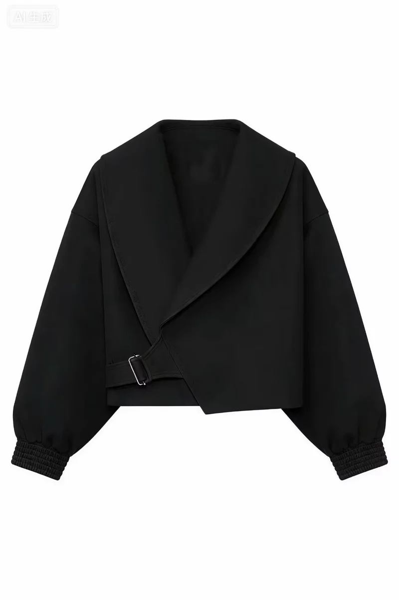 Damen Kurze Oversized Jacke mit breitem Schalkragen, Ballonärmeln und Taillenriegel Drune