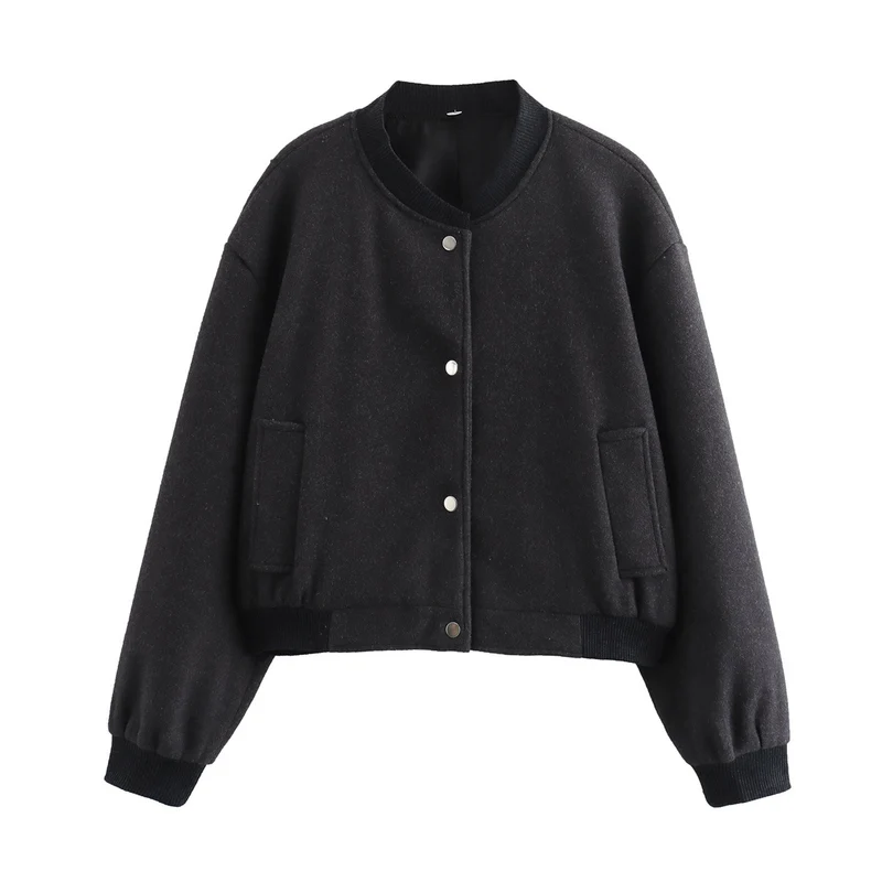Damen Kurze Oversize-Collegejacke im Wollmix mit Druckknopfverschluss, Eingrifftaschen und Rippenbündchen Drune