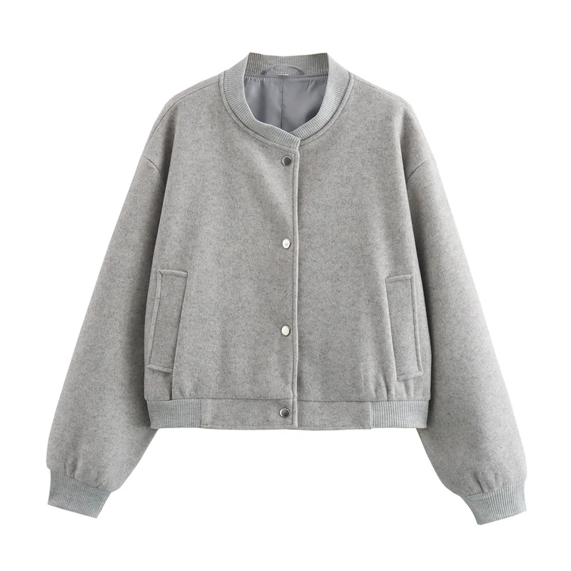 Damen Kurze Oversize-Collegejacke im Wollmix mit Druckknopfverschluss, Eingrifftaschen und Rippenbündchen Drune