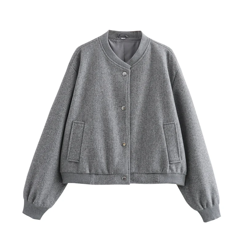 Damen Kurze Oversize-Collegejacke im Wollmix mit Druckknopfverschluss, Eingrifftaschen und Rippenbündchen Drune