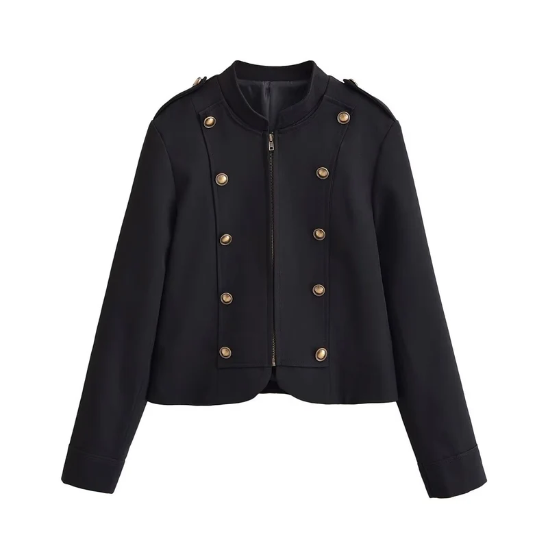 Damen Kurze Militärjacke mit Stehkragen und doppelter Zierknopfleiste Drune