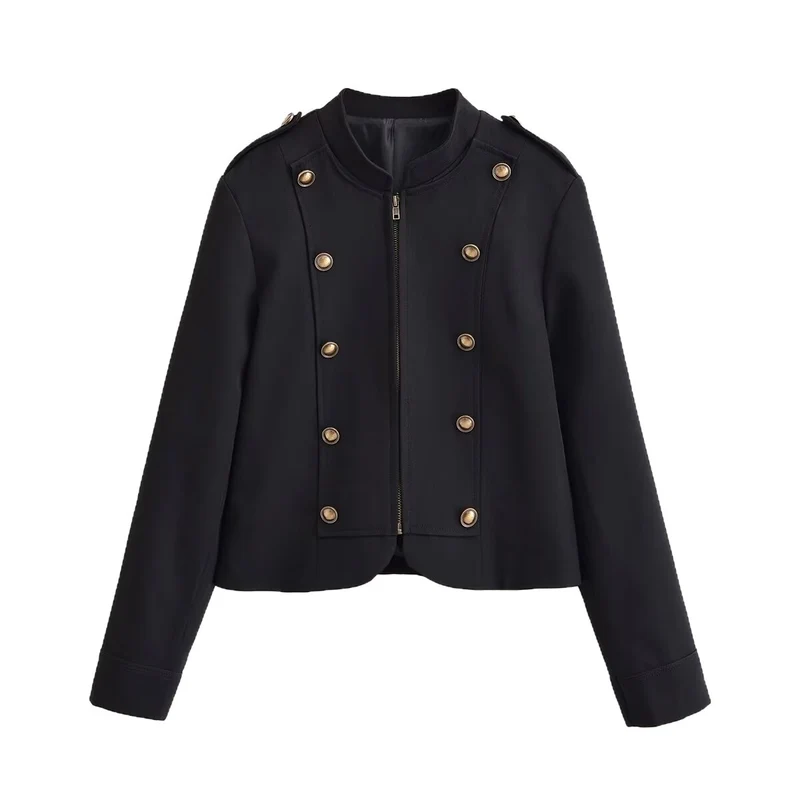 Damen Kurze Militärjacke mit Stehkragen und doppelter Zierknopfleiste Drune
