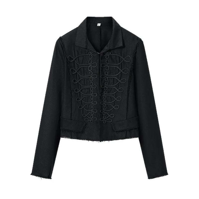 Damen Kurze militärisch inspirierte Jacke mit Zierkordeln und fransigem Saum Drune