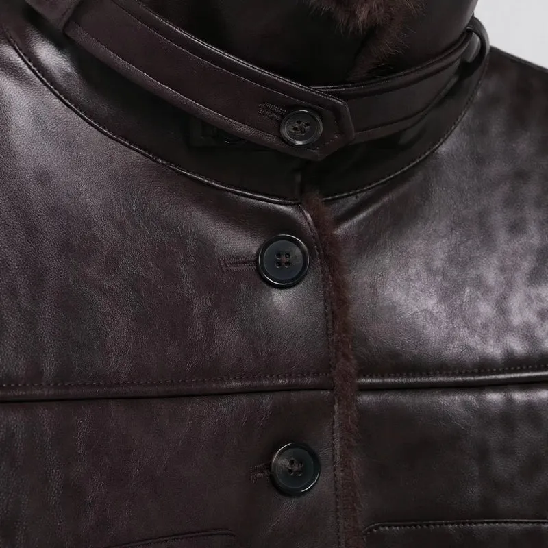 Damen Kurze Lammfelljacke im Vintage-Look mit hohem Stehkragen und aufgesetzten Taschen Drune