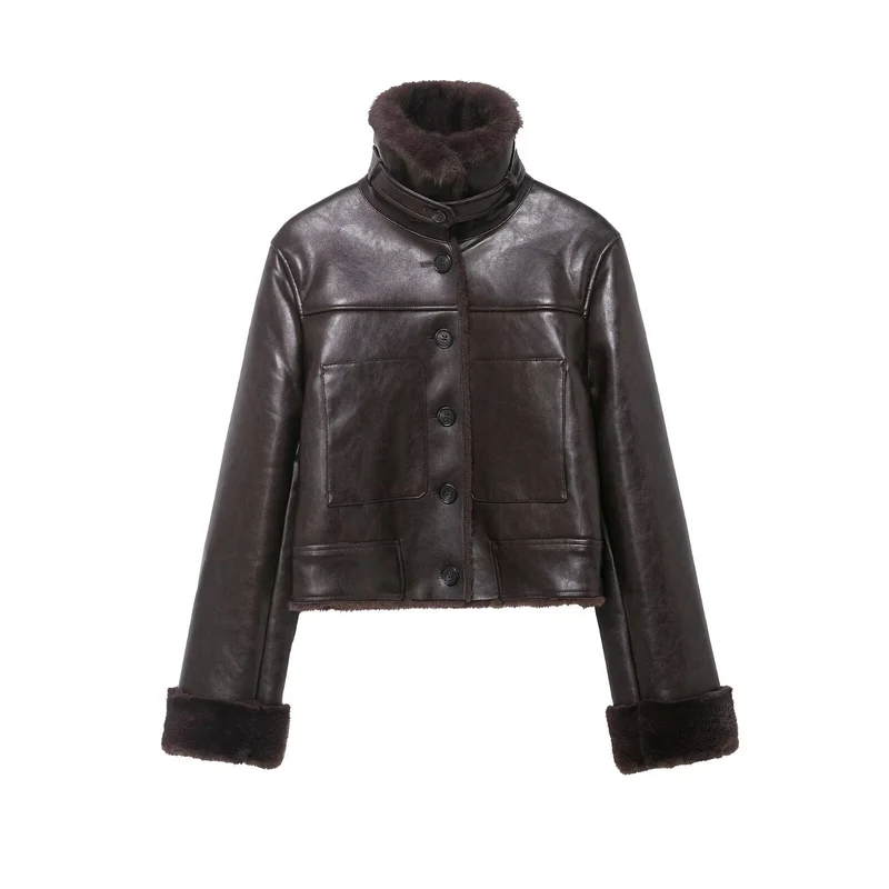 Damen Kurze Lammfelljacke im Vintage-Look mit hohem Stehkragen und aufgesetzten Taschen Drune