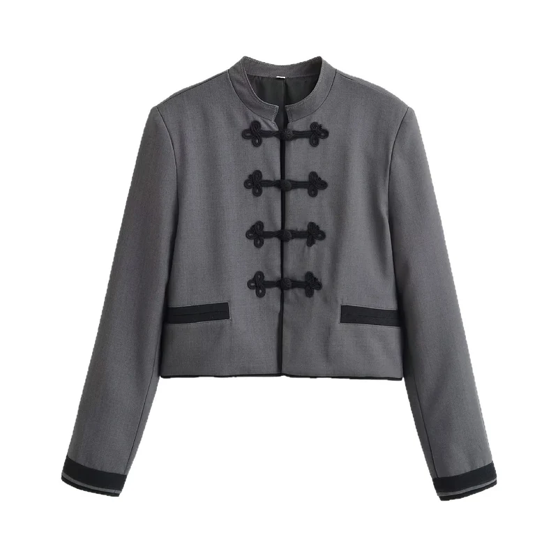 Damen Kurze Jacke mit Stehkragen, dekorativen Froschverschlüssen und boxy Schnitt Drune
