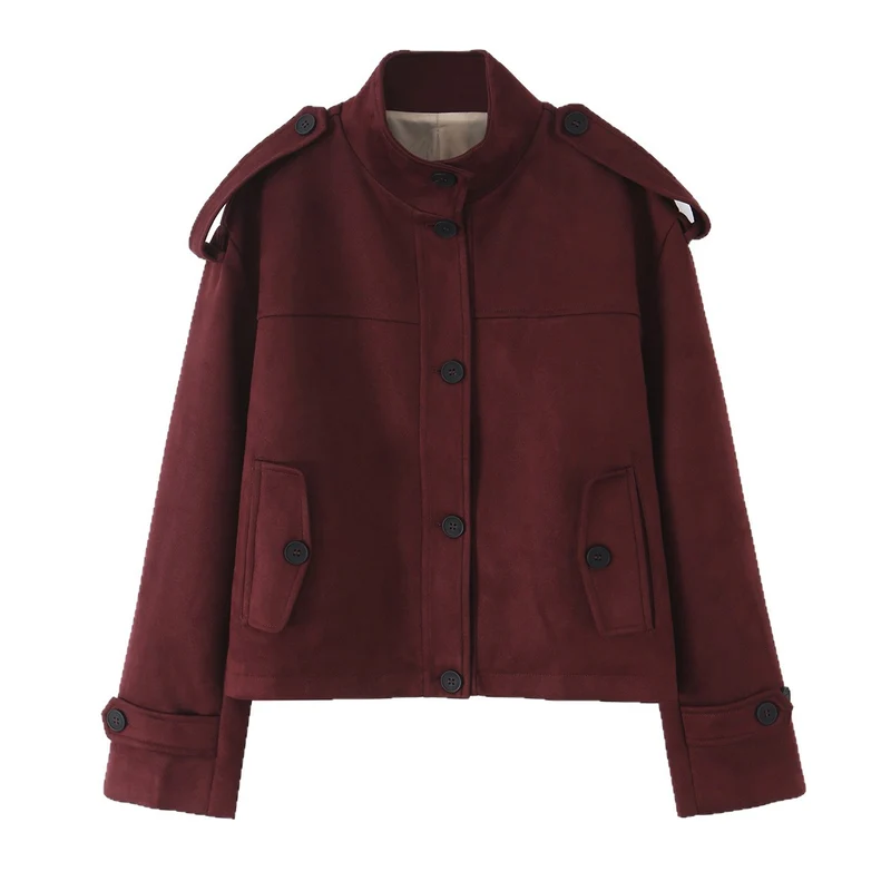 Damen Kurze Jacke in Velourslederoptik mit Stehkragen, Schulterklappen und Pattentaschen Drune