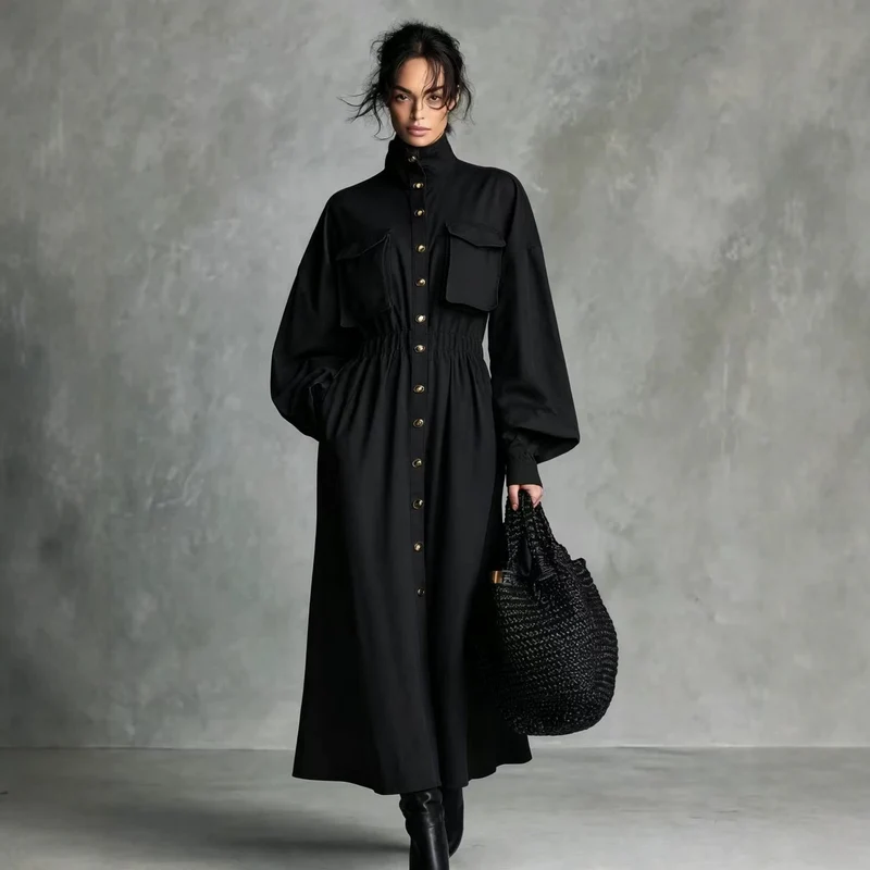 Damen Elegantes Hemdkleid mit Taschen und Taillengürtel Drune