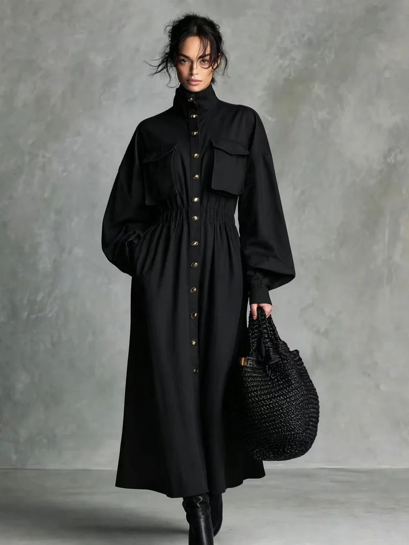 Damen Elegantes Hemdkleid mit Taschen und Taillengürtel Drune