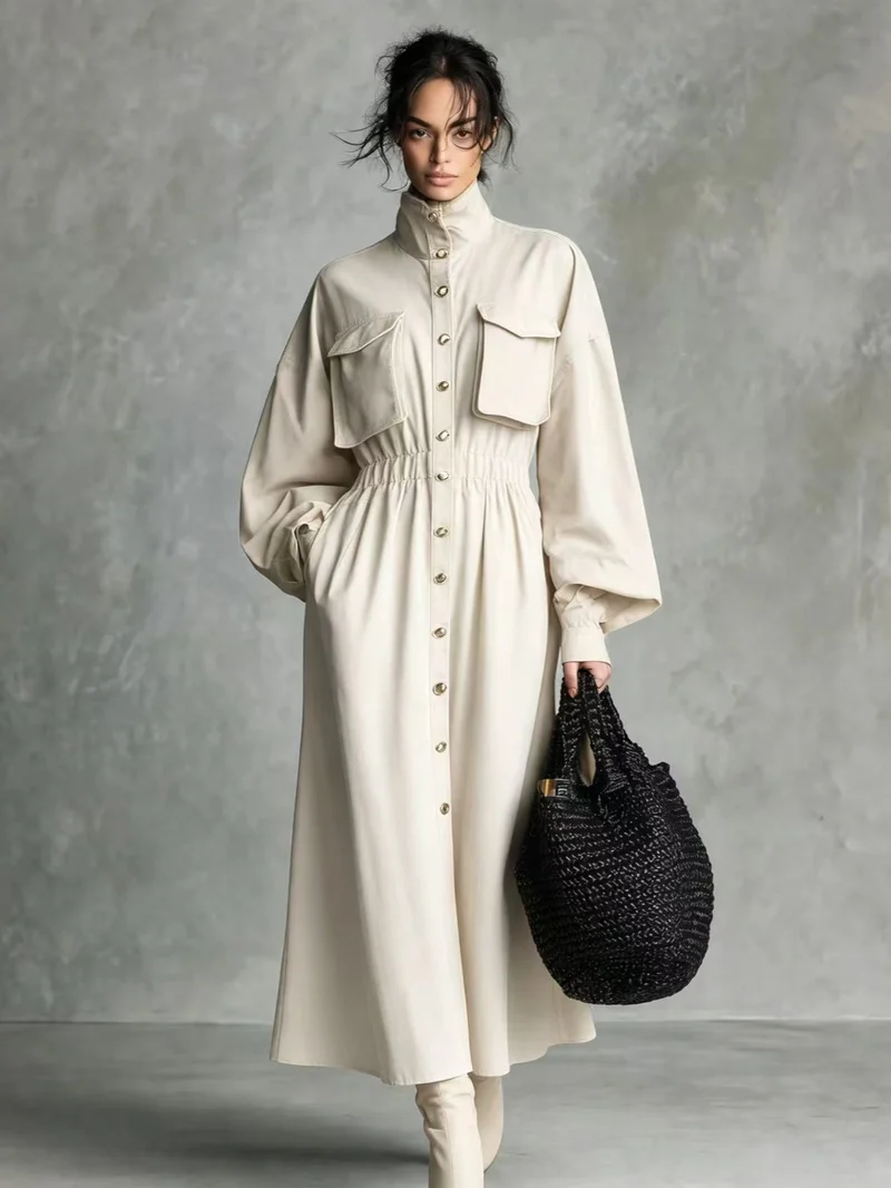 Damen Elegantes Hemdkleid mit Taschen und Taillengürtel Drune